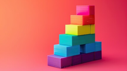 Colorful stacked toy blocks forming a pyramid - A simple yet striking image of a pyramid made from colorful stacked toy blocks against a vibrant pink background