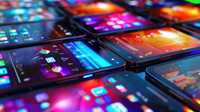 Colorful smartphones with vibrant screens - An array of modern smartphones displaying colorful, dynamic images, showcasing advanced display technology and digital design