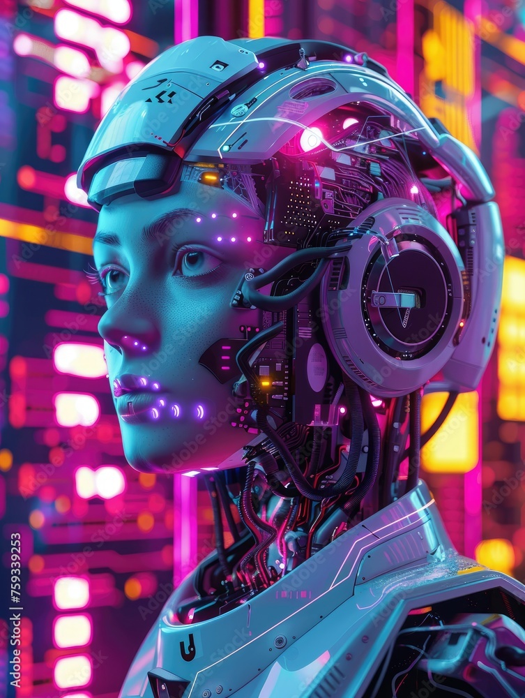 Poster cybernetic robot head with a futuristic design - a visually striking image of a robotic head, highli