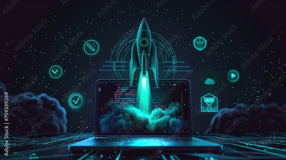 Poster digital rocket launch artwork on laptop - this digital artwork features a rocket launch emanating fr