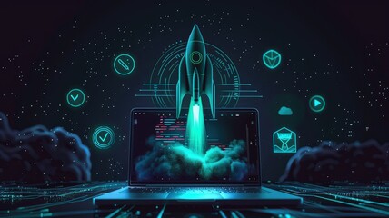Digital rocket launch artwork on laptop - This digital artwork features a rocket launch emanating from a laptop screen, symbolizing innovation and the journey into the digital space age - obrazy, fototapety, plakaty