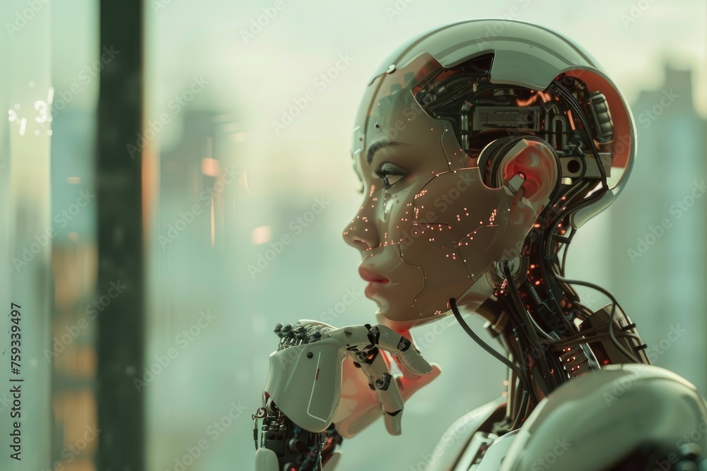 Poster futuristic robot with exposed mechanics pondering - a modern robotic figure with visible intricate m