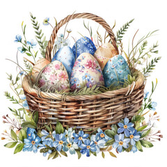 Happy Easter background with eggs in basket, spring flowers and copy space. Greeting card - 759339464