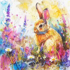 Watercolor colorful illustration of cute Easter bunny, seasonal greeting card - 759339893