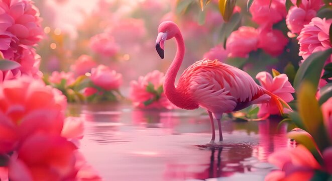 A flamingo standing in a pond of pink lemonade,