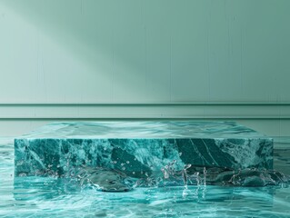 Turquoise Crystal Abstract Minimalistic Flat Podium. The Scene for Product Presentation. 3D Room with thin podium and water splashes. Ai Generated Podium Mockup for a Product advertisement.