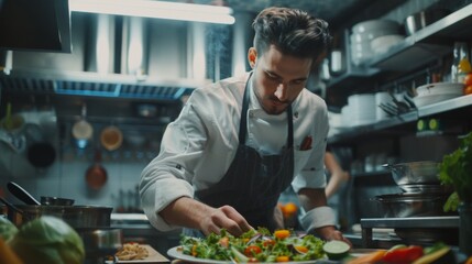 Fototapeta premium Chef is preparing a meal in the kitchen