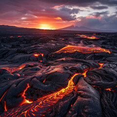 Volcanic Field at Dusk with Fiery Reds