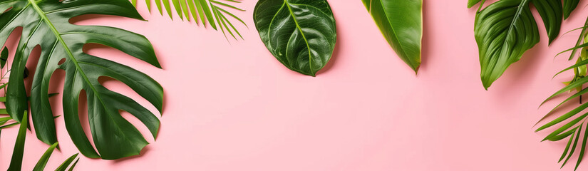 Fototapeta na wymiar Pink Background With Green Leaves