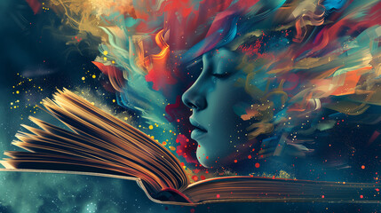 Book Open with Abstract Colors, and Person Reading Representing Knowledge and Reading Themes