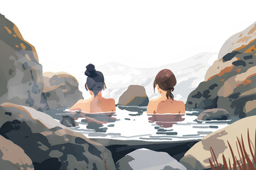 温泉に浸かる2人の女性-イラスト - obrazy, fototapety, plakaty