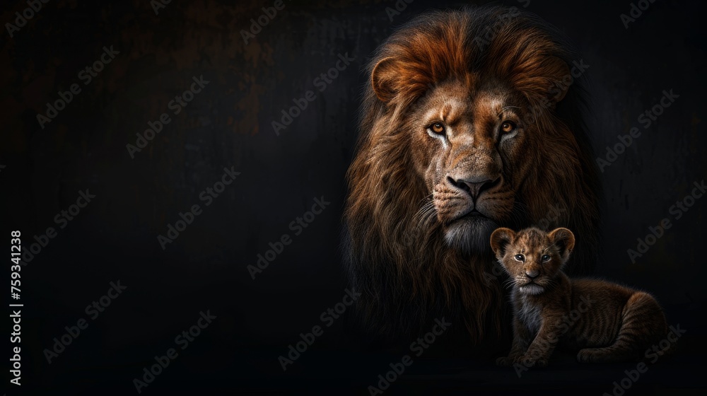 Poster male lion and cub portrait with ample space on left side for text, object placed on right side