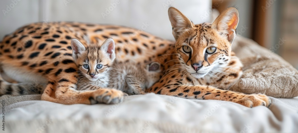 Poster male serval and kitten portrait with space for text, balanced composition with side object