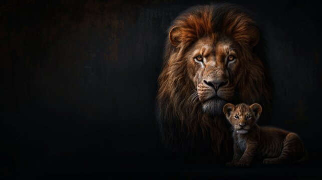 Male lion and cub portrait with ample space on left side for text, object placed on right side