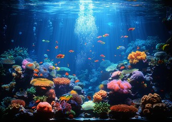 Fototapeta na wymiar Mystical Underwater World with Colorful Corals and Fish with Sun Rays Penetrating the Deep Blue Sea
