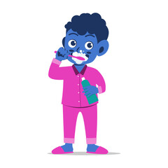 Cute little boy brushing teeth and holding toothpaste