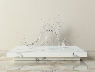 White Quartz Crystal Abstract Minimalistic Flat Podium. The Scene for Product Presentation. 3D Room with thin podium and water splashes. Ai Generated Podium Mockup for a Product advertisement.