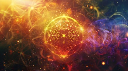 Mystical glowing flower of life on dark background - An intricate flower of life glowing with mystical energy amidst a dark, cosmic background symbolizing spirituality and the universe