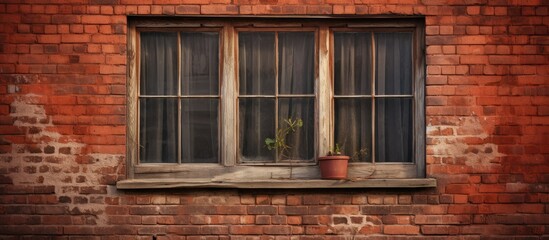 Fototapeta na wymiar House window filled with wooden boards and red bricks
