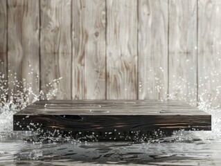 Wooden Shou Sugi Ban Abstract Minimalistic Flat Podium. The Scene for Product Presentation. 3D Room with thin podium and water splashes. Ai Generated Podium Mockup for a Product advertisement.