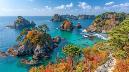 Idyllic Ocean View with Rocky Islands and Autumn Trees in a Pristine Cove