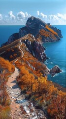 Majestic Mountain Road with Autumn Trees and Clear Blue Sky Above Rugged Coastline