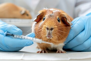 Vet administering an injection to a guinea pig - A detailed shot of a veterinarian giving a shot to an alert and calm brown guinea pig on a white background