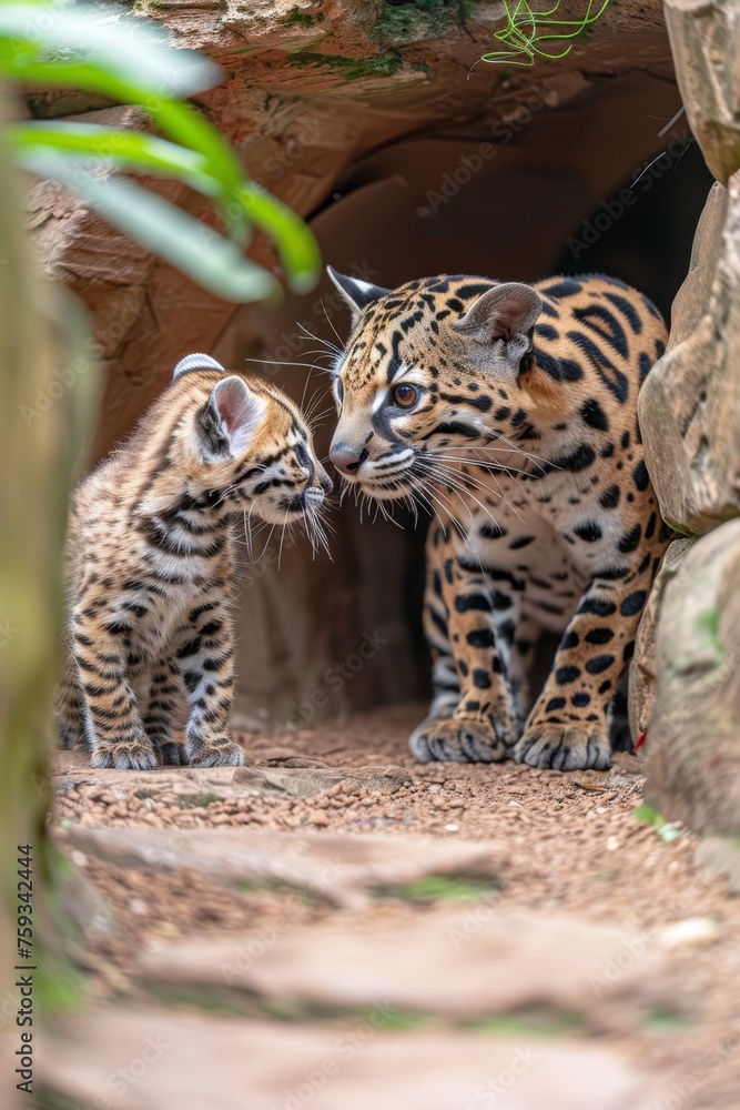 Aufkleber male ocelot and kitten portrait with empty space on the left for text, object on the right