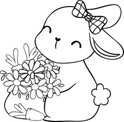 Retro Spring bunny groovy cartoon doodle outline