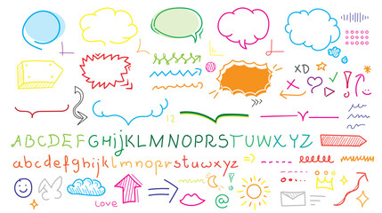 Fototapeta premium Handwritten scribbles, signs, lines, clouds. Written text. Various signs. Patterns