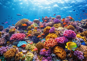 Naklejka na ściany i meble Colorful Coral Reef with Sun Rays and Diverse Fish, Underwater Paradise, Ecosystem in Tropical Ocean