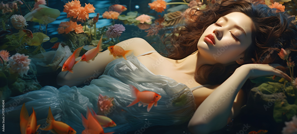 Wall mural beautiful woman sleeping in a plant full of fishs, ai generative