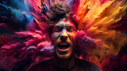 A Person's Face Captured Amidst an Explosion of Powdered Colors.