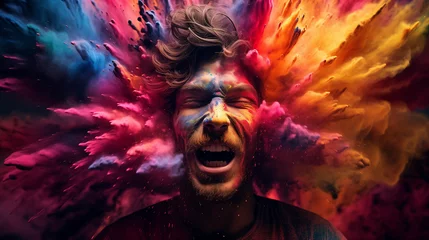 Foto op Canvas A Person's Face Captured Amidst an Explosion of Powdered Colors. © Amit