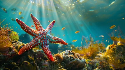 A captivating underwater vista showcasing a colorful starfish nestled among coral reefs and swaying sea plants