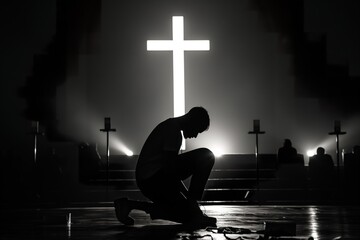An introspective man kneels before a towering cross, embodying reverence, devotion, and reflection. - obrazy, fototapety, plakaty