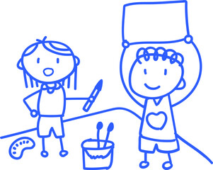 손으로 그린 학교 학생 선생님 라인 일러스트