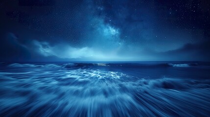 Big waves crash gently in the calm night sea under the moonlight, creating a mesmerizing sight.