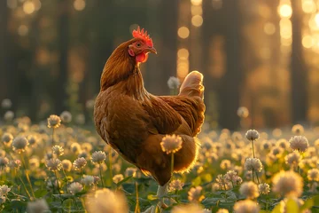 Foto auf Alu-Dibond A brown chicken standing on top of a field of colorful flowers in a forest meadow. © Joaquin Corbalan