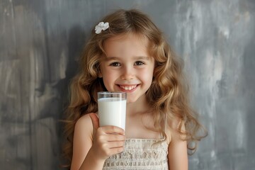 A sweet little girl joyfully holds a glass of milk, showing a thumbs up sign in approval.