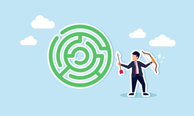 Seeking solutions to overcome obstacles and reach goals is the path to success. Like an archer aiming through a maze, a businessman navigates challenges to achieve targets