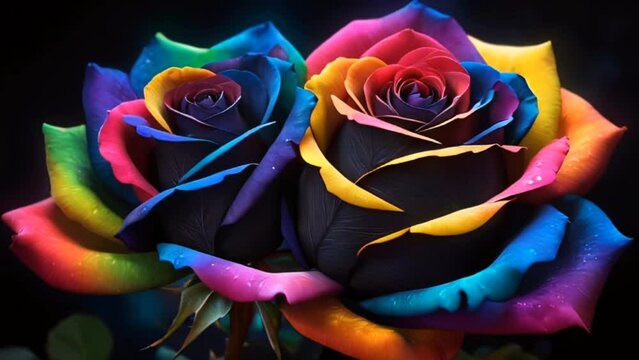 The black and rainbow colorful neon glowing&nbsp; rose in the space video, high quality resolution, beautiful flowers, Best Video 

