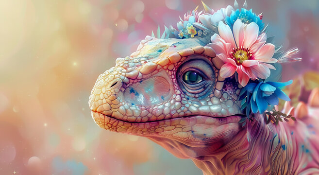 A cute dinosaur wearing pastel pink and blue flowers in its hair, with an ethereal background, closeup portrait, in the style of hyperrealistic, in the style of fantasy.