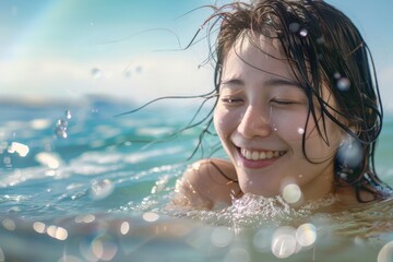 水着で海で遊ぶ日本人女性（ビーチ・水泳・海水浴） - obrazy, fototapety, plakaty