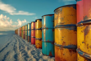 Colorful oil crude petroleum fuel barrels lined up neatly on a sandy beach.