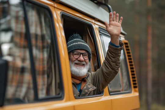 An older man with a friendly smile waves out of the window of a vibrant yellow camper.