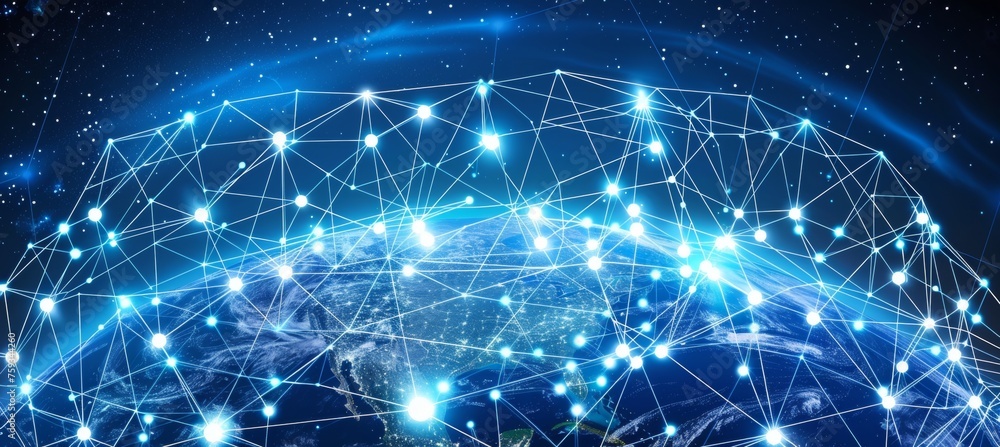 Aufkleber earth encompassed by cutting edge neural network, interconnecting with advanced perceptron lines