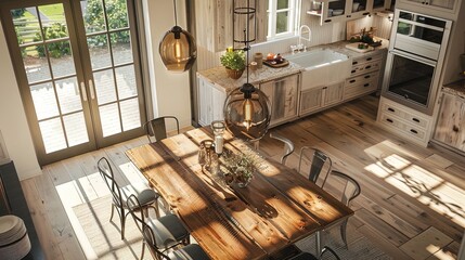 Where rustic charm meets modern luxury: a farmhouse dining area bathed in natural light.