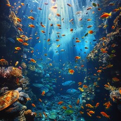  Oceanic Haven Teeming with Fish and Sunrays: A Diverse Underwater Ecosystem Alive with Color and Life Amid Sunlight - obrazy, fototapety, plakaty