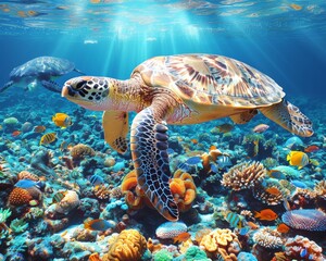 Fototapeta premium Sea Turtle Swimming Over a Bustling Coral Reef: Sunlight Bathes a Dynamic Underwater Landscape in Warm Hues